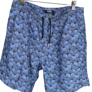 Benson Mens Blue Scallop Shell Print Swim Trunks Drawstring Board Shorts Size L